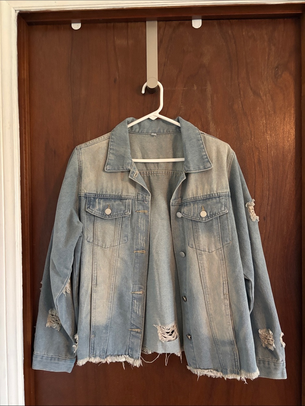 Light Blue Distressed Denim Jacket - Women